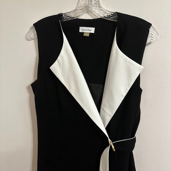 Calvin Klein Sleeveless Wrap Office Dress | Black & White Gold Accent | Size 12 - Picture 2 of 16